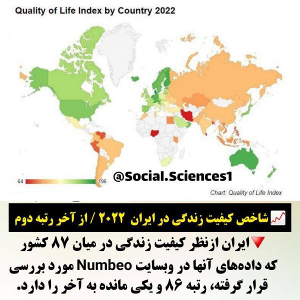  شاخص کیفیت زندگی در ایران 2022 :  از آخر، رتبه دوم