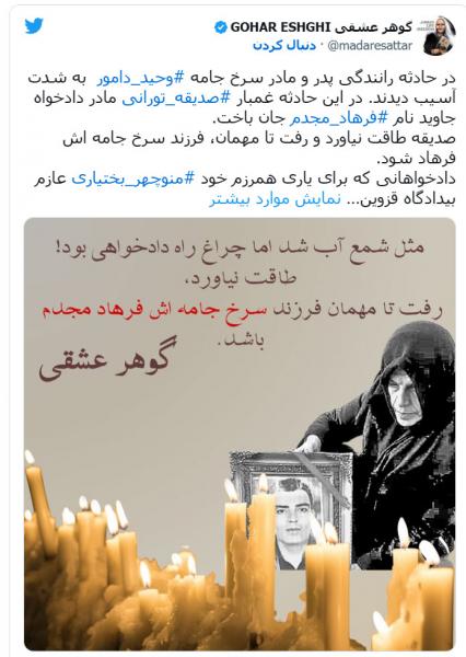   گوهر عشقی: دادخواهی مادر فرهاد مجدم را به دوش می کشیم